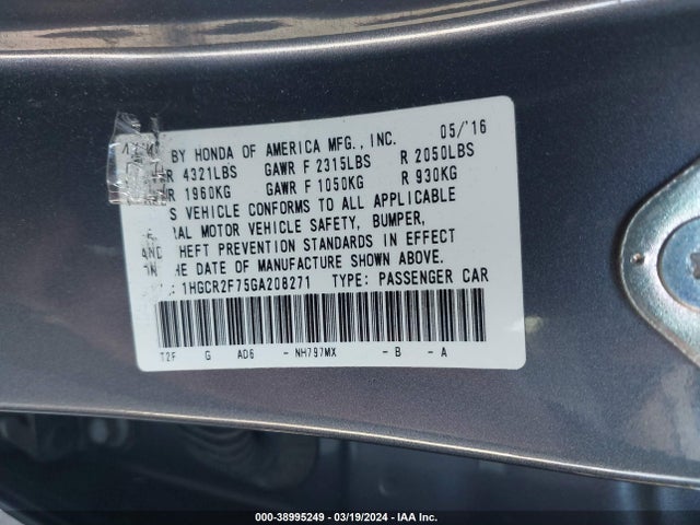 Honda ACCORD EX 2016 1HGCR2F75GA208271 Image 9