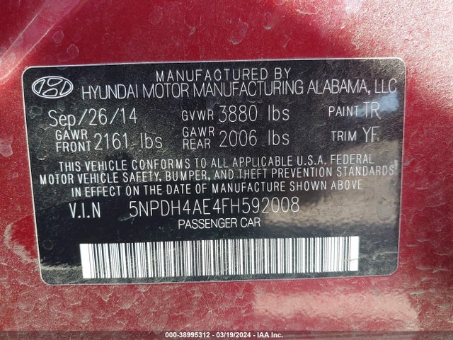Hyundai ELANTRA SE 2015 5NPDH4AE4FH592008 Image 9