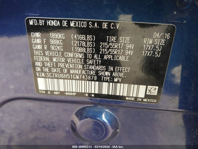 Honda HR-V EX 2016 3CZRU6H51GM743878 Image 9