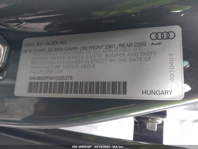 2017 AUDI A3 2.0T PREMIUM VIN: WAUB8GFF8H1025379