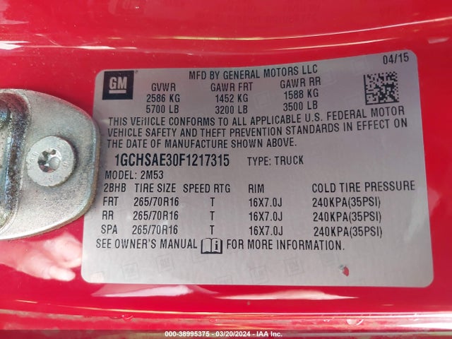 Chevrolet Colorado Wt 2015 1GCHSAE30F1217315 Image 9