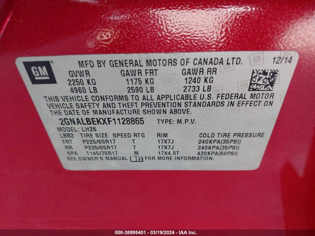 2GNALBEKXF1128865 Chevrolet lea - flex fuel (gas/alc), aluminum, ho,