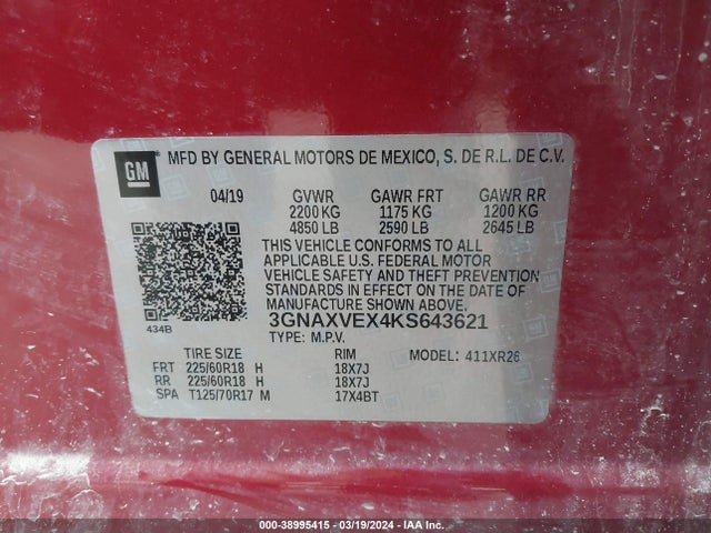 Chevrolet EQUINOX LT 2019 3GNAXVEX4KS643621 Image 9