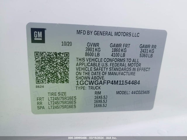Chevrolet Express Cargo Rwd 2500 Regular Wheelbase Wt 2021 1GCWGAFP4M1154484 Image 9