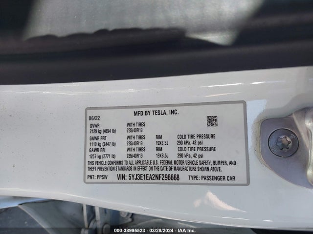 Tesla Model 3 Rear-wheel Drive 2022 5YJ3E1EA2NF296668 Image 9