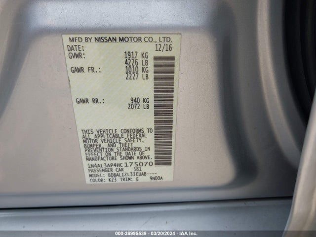 Nissan Altima 2.5 Sv 2017 1N4AL3AP4HC175070 Image 9