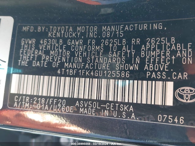 Toyota CAMRY SE 2016 4T1BF1FK4GU125586 Image 9