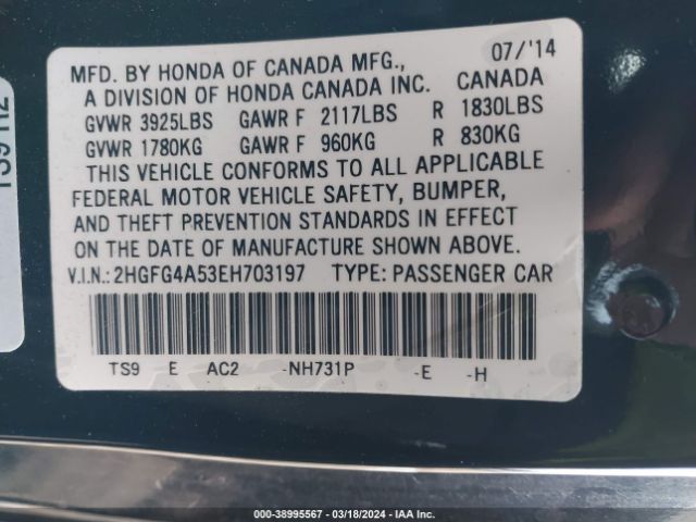 2HGFG4A53EH703197 Honda CIVIC SI