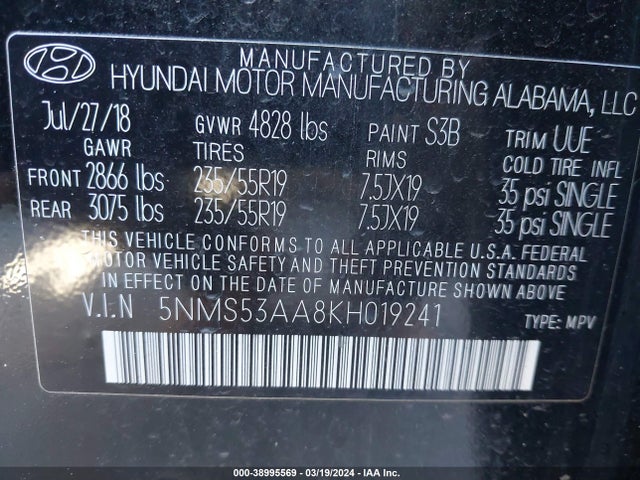Hyundai Santa Fe Limited 2.0t 2019 5NMS53AA8KH019241 Image 9