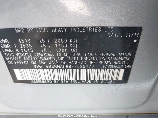 Subaru Legacy 2.5i Limited 2015 4S3BNAL68F3035120 Image 9