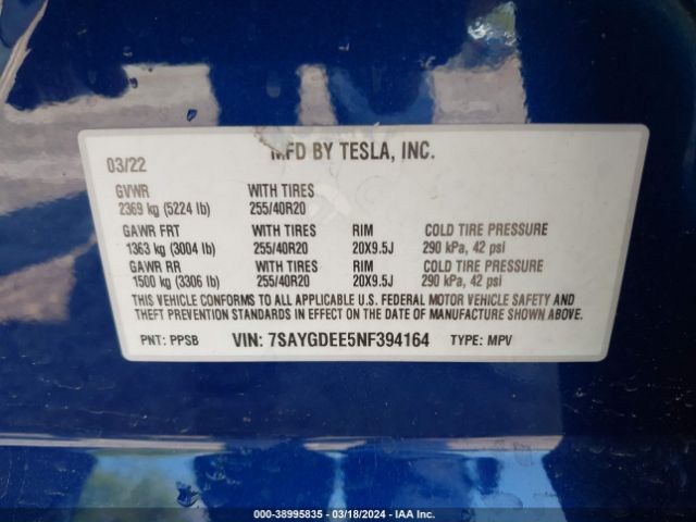 7SAYGDEE5NF394164 Tesla Model Y Long Range Dual Motor All-wheel Drive