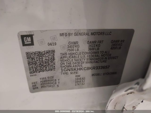 1GNSKHKC8KR333657 Chevrolet Suburban Lt