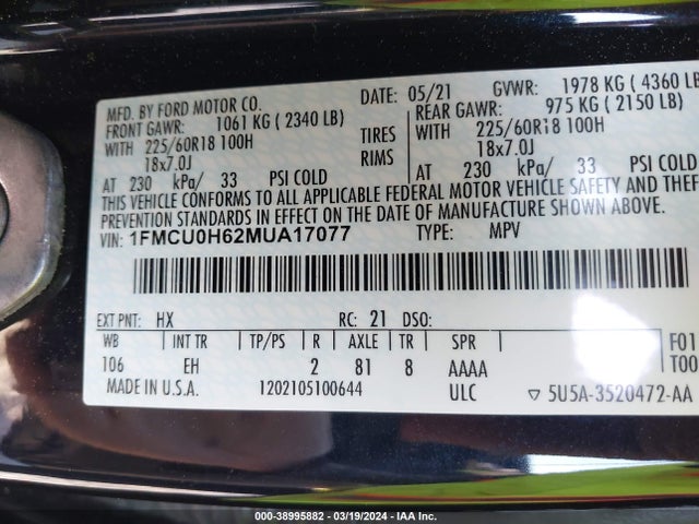 Ford ESCAPE SEL 2021 1FMCU0H62MUA17077 Image 9