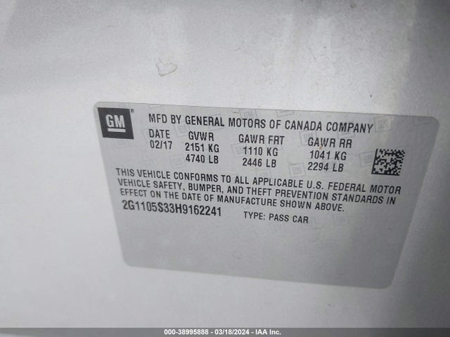 Chevrolet IMPALA 1LT 2017 2G1105S33H9162241 Image 9