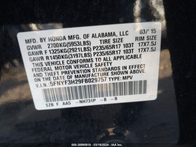 5FNYF3H29FB029757 Honda PILOT LX