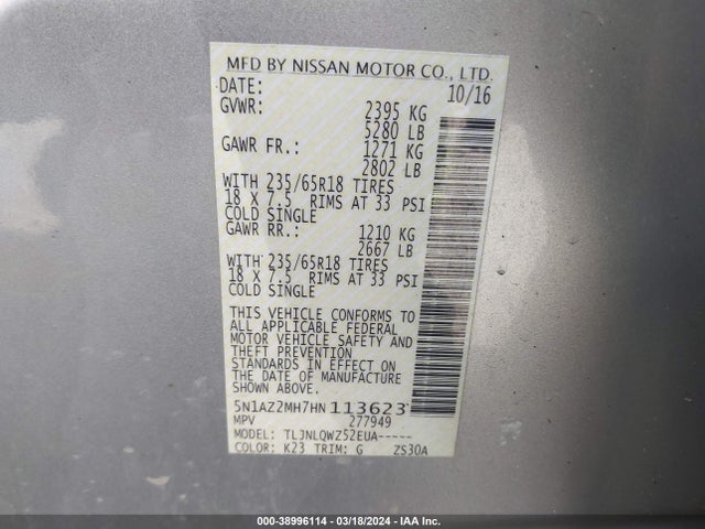 Nissan MURANO SV 2017 5N1AZ2MH7HN113623 Image 9