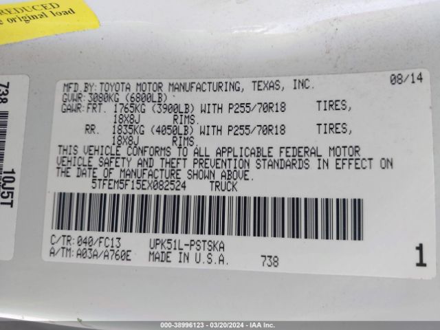 5TFEM5F15EX082524 Toyota Tundra Sr5 4.6l V8