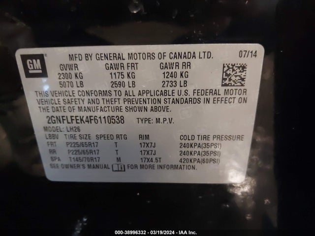 Chevrolet EQUINOX 1LT 2015 2GNFLFEK4F6110538 Image 9