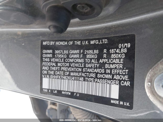 Honda CIVIC EX 2019 SHHFK7H62KU411148 Image 9