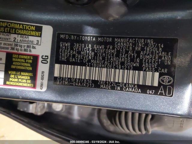 Toyota COROLLA LE 2014 2T1BURHE0EC181213 Image 9