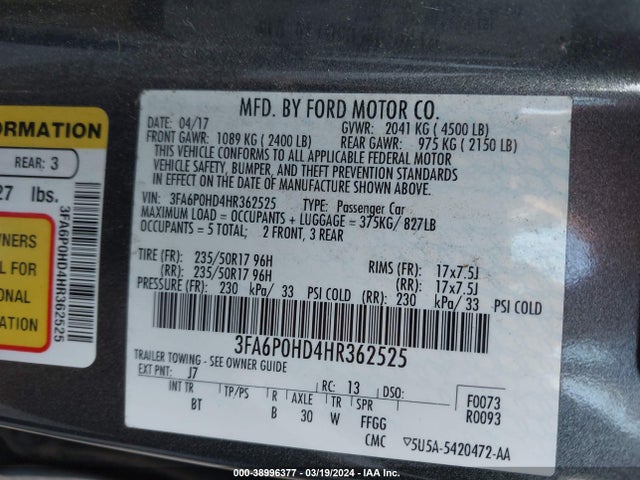 Ford FUSION SE 2017 3FA6P0HD4HR362525 Image 9