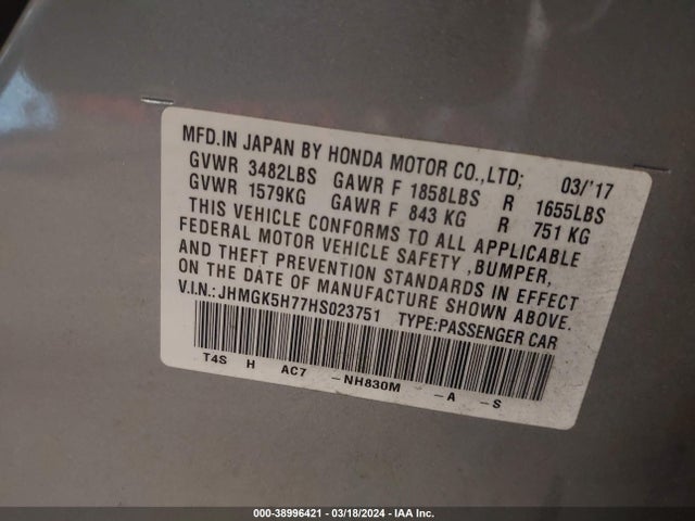 Honda FIT EX 2017 JHMGK5H77HS023751 Image 9