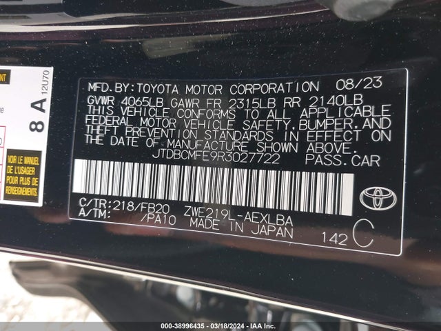 Toyota Corolla Hybrid Le 2024 JTDBCMFE9R3027722 Image 9
