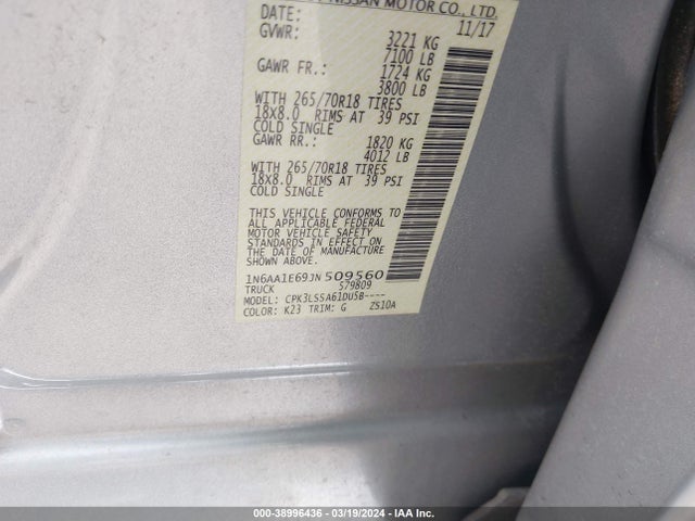 Nissan TITAN SV 2018 1N6AA1E69JN509560 Image 9