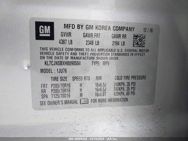 Chevrolet TRAX LS 2017 KL7CJNSBXHB090504 Image 9