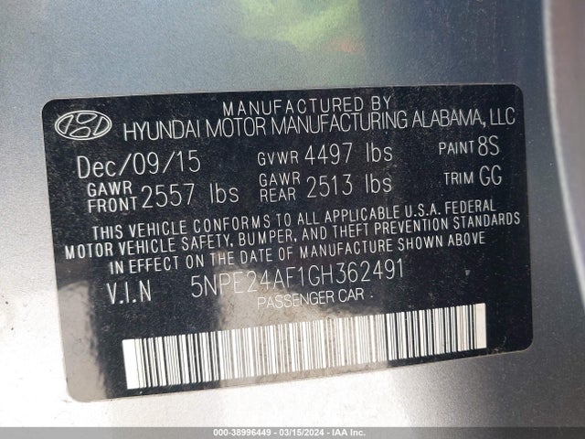 Hyundai SONATA SE 2016 5NPE24AF1GH362491 Image 9