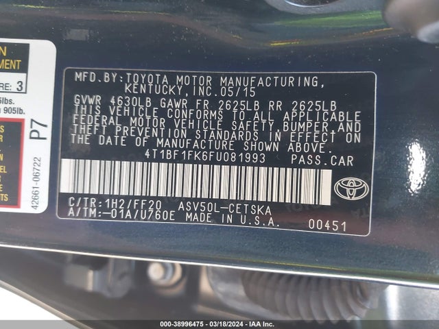 Toyota CAMRY SE 2015 4T1BF1FK6FU081993 Image 9