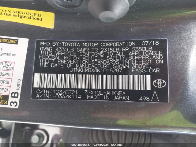 38996487 :رقم المزاد ، JTNKHMBX8K1018287 vin ، 2019 Toyota C-hr Xle مزاد بيع