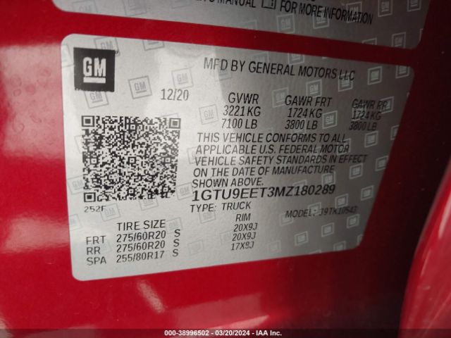 1GTU9EET3MZ180289 GMC Sierra 1500 4wd  Short Box At4