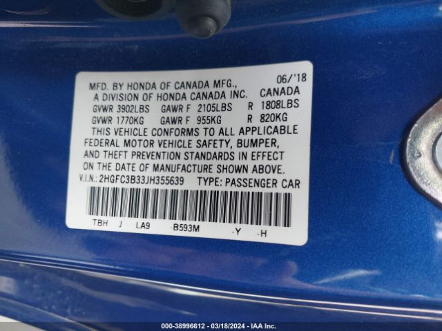 2HGFC3B33JH355639 Honda Civic Ex-t