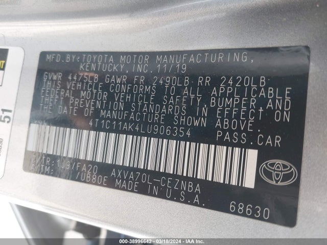Toyota CAMRY LE 2020 4T1C11AK4LU906354 Image 9