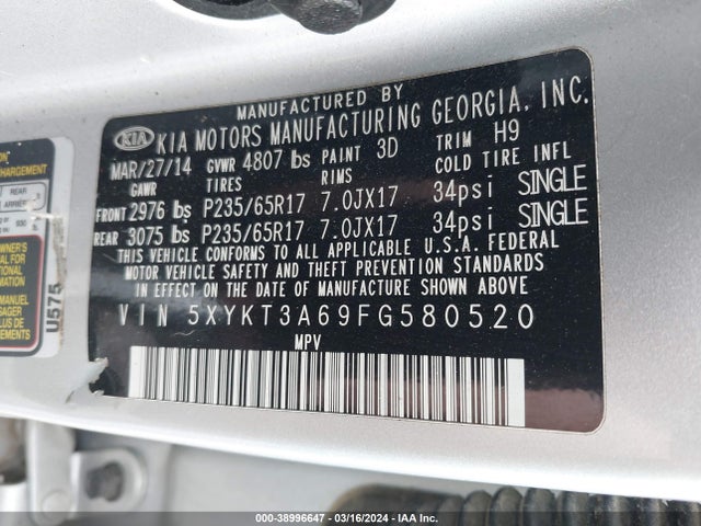 KIA SORENTO LX 2015 5XYKT3A69FG580520 Image 9