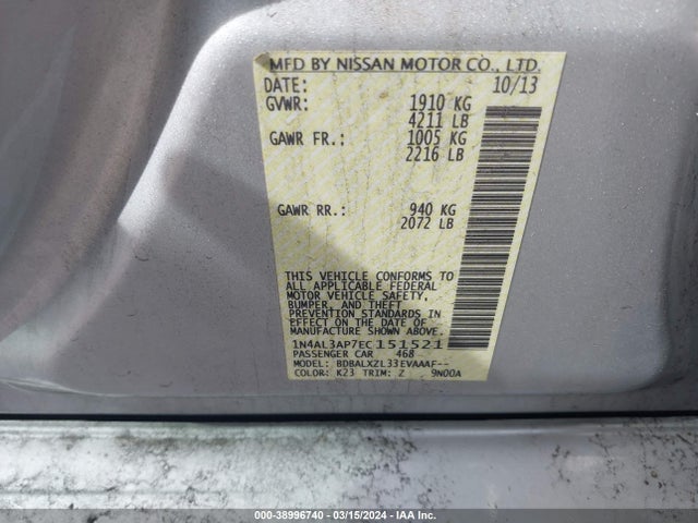 Nissan Altima 2.5 Sl 2014 1N4AL3AP7EC151521 Image 9