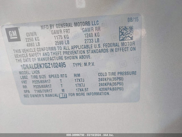 Chevrolet EQUINOX LT 2016 1GNALCEK7GZ102495 Image 9