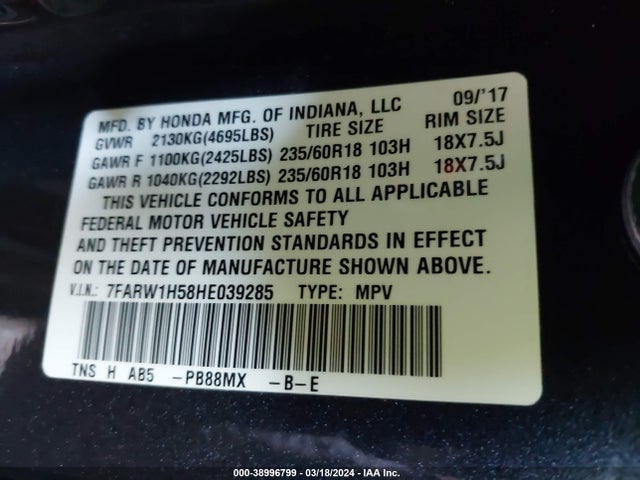 Honda CR-V EX 2017 7FARW1H58HE039285 Image 9