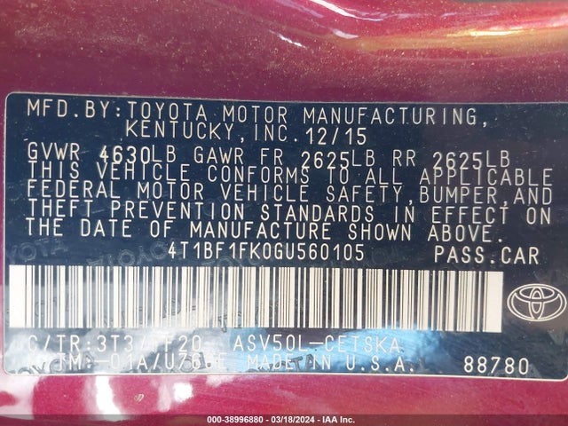 Toyota CAMRY SE 2016 4T1BF1FK0GU560105 Image 9