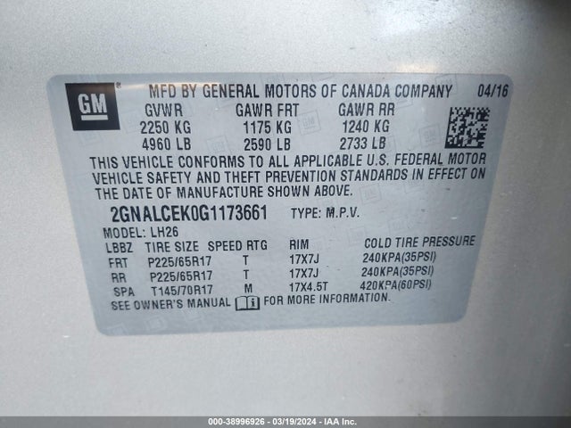 Chevrolet EQUINOX LT 2016 2GNALCEK0G1173661 Image 9