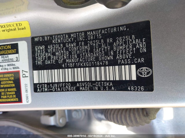 Toyota CAMRY SE 2016 4T1BF1FKXGU118478 Image 9