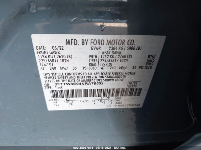 3FTTW8E94NRA78502 Ford Maverick Xlt