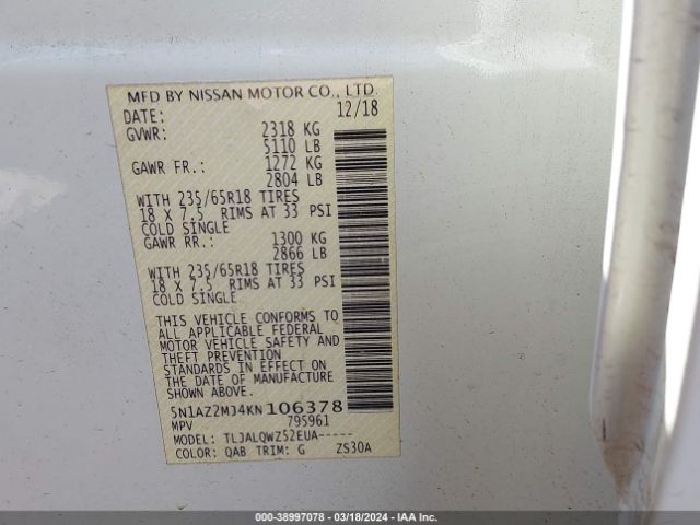 5N1AZ2MJ4KN106378 Nissan MURANO SV