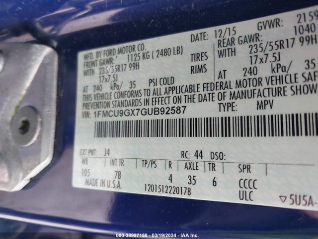 Ford ESCAPE SE 2016 1FMCU9GX7GUB92587 Image 9