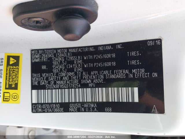 Toyota Highlander Le V6 2016 5TDZKRFH5GS178254 Image 9