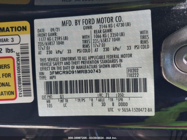 3FMCR9D91MRB30743 Ford Bronco Sport Badlands