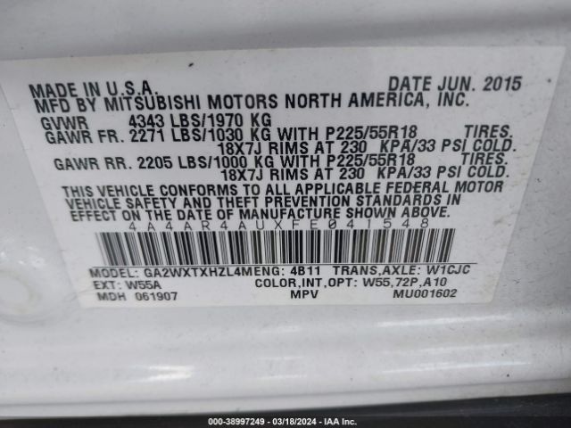 4A4AR4AUXFE041548 Mitsubishi Outlander Sport Se