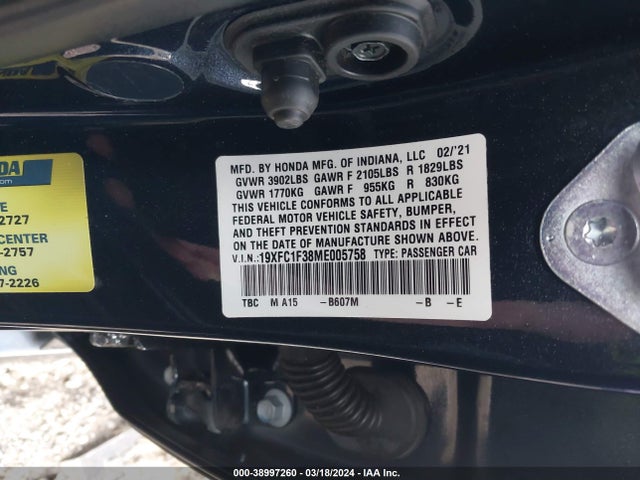 Honda CIVIC EX 2021 19XFC1F38ME005758 Image 9