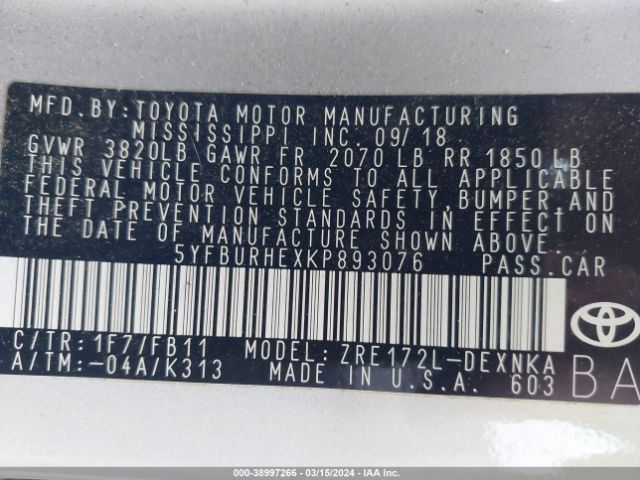 5YFBURHEXKP893076 Toyota COROLLA LE